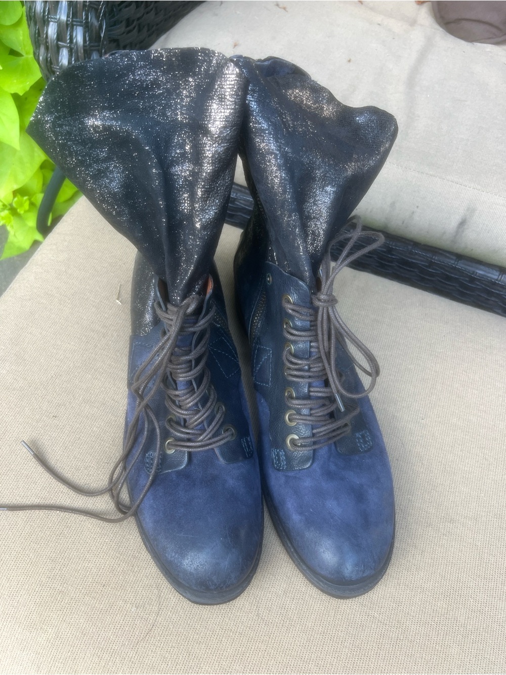 A.S.98 Navy Blue Lace-Up Ankle Boots with Shimmer